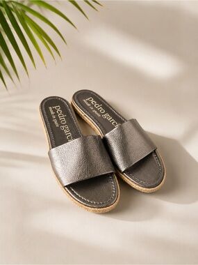 Pedro Garcia Metallic Silver Leather Espadrille Slide Sandals EU 40 Summer lux